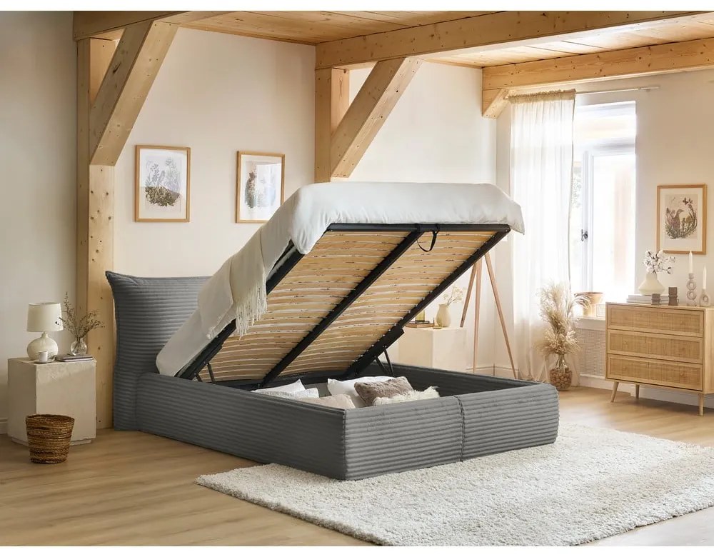 Letto matrimoniale grigio imbottito con spazio contenitivo con griglia inclusa 160x200 cm Jade – Bobochic Paris