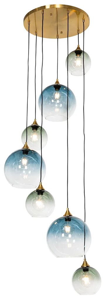 Lampada a sospensione Art Déco in ottone con vetro blu rotondo a 7 luci - Sandra