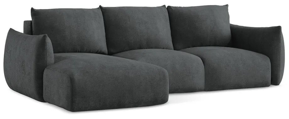 Divano angolare grigio scuro allungabile (con penisola a sinistra/con chaise lounge) con rivestimento in ciniglia Leila – Makamii