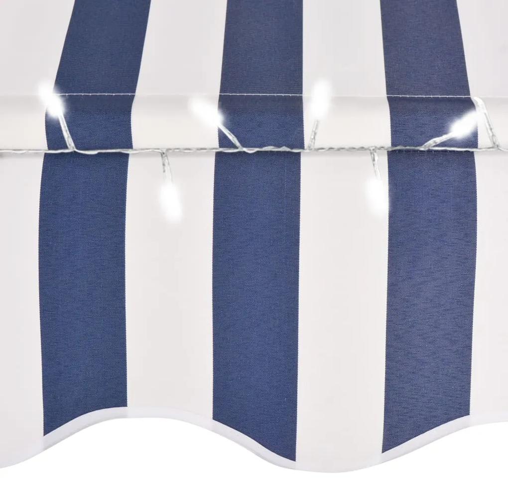 Tenda da Sole Retrattile Manuale con LED 400 cm Blu e Bianca
