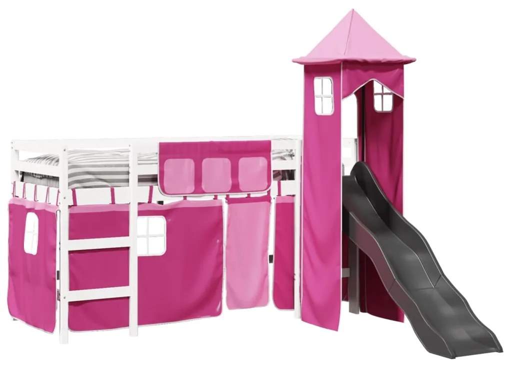 Letto a soppalco con torre bambini rosa 90x200cm massello pino