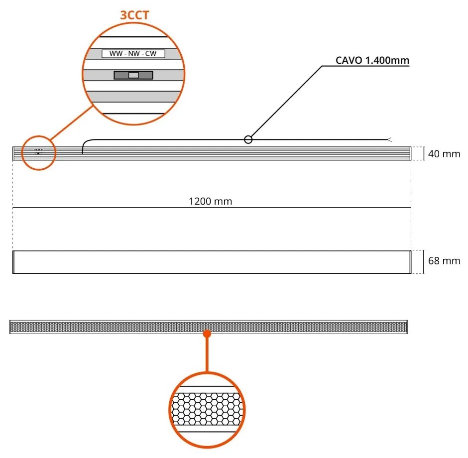 Lampada Lineare LED Sospesa 40W 120cm con driver Philips Bianca o nera Colore Bianco Variabile CCT, Colore del corpo Nero