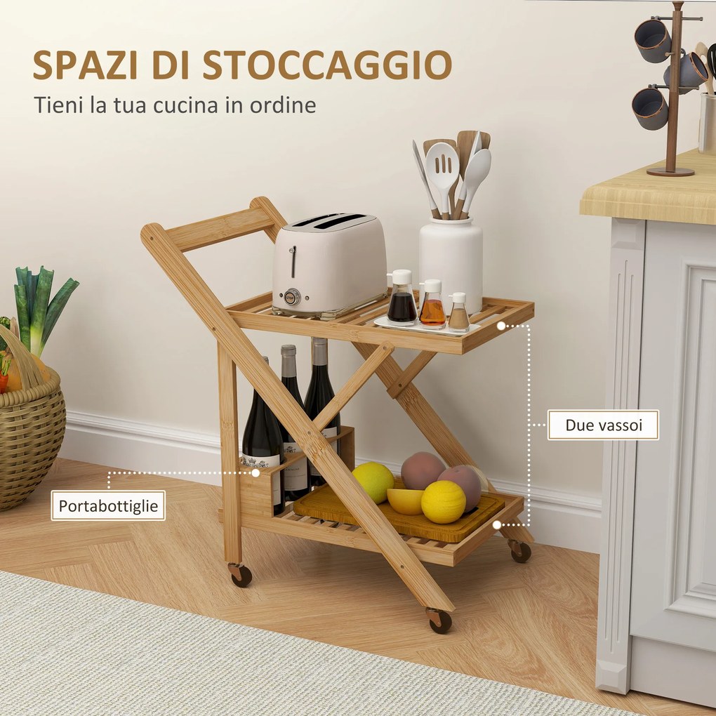 Carrello da Cucina Portavivande Pieghevole 66x40x70 cm a 2 Livelli con Portabottiglie in Legno di Bambù...