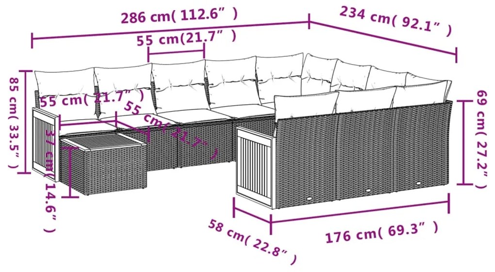 Set Divani da Giardino 11 pz con Cuscini Beige in Polyrattan