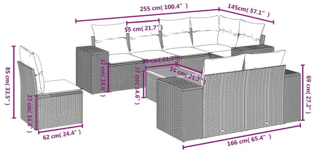 Set Divani da Giardino 9 pz con Cuscini Nero in Polyrattan