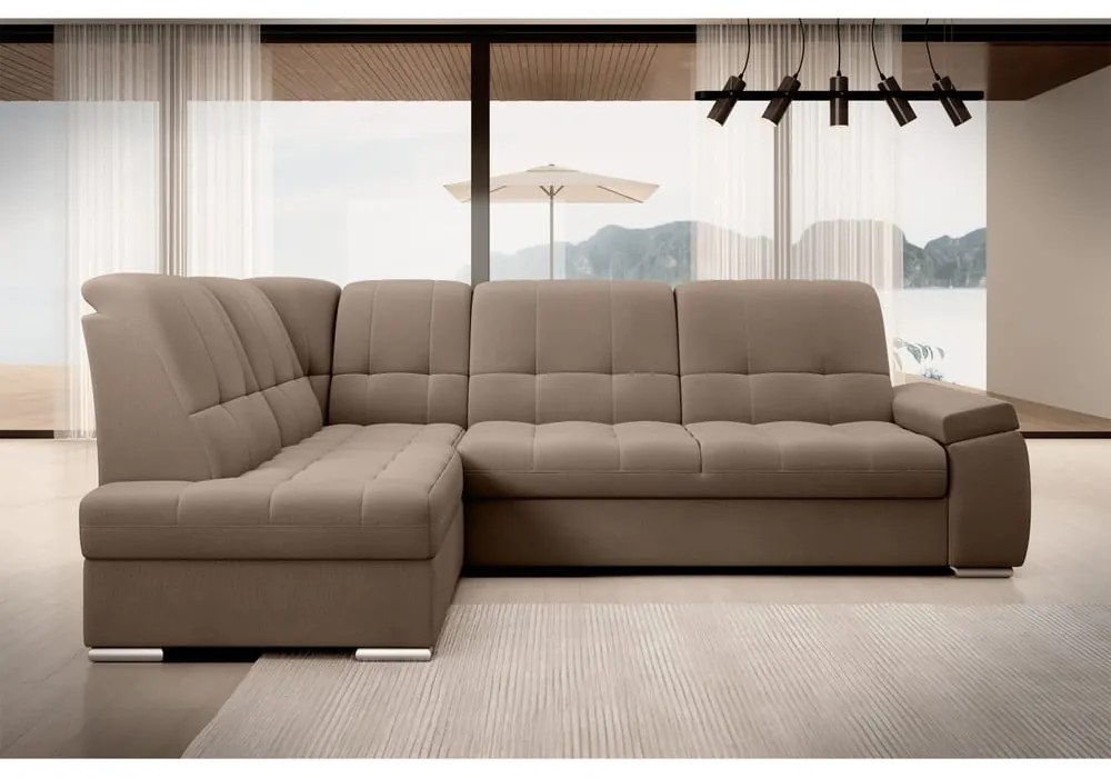 Divano angolare marrone allungabile/con contenitore (con penisola a sinistra/a L) e rivestimento in velluto Sado – ELTAP