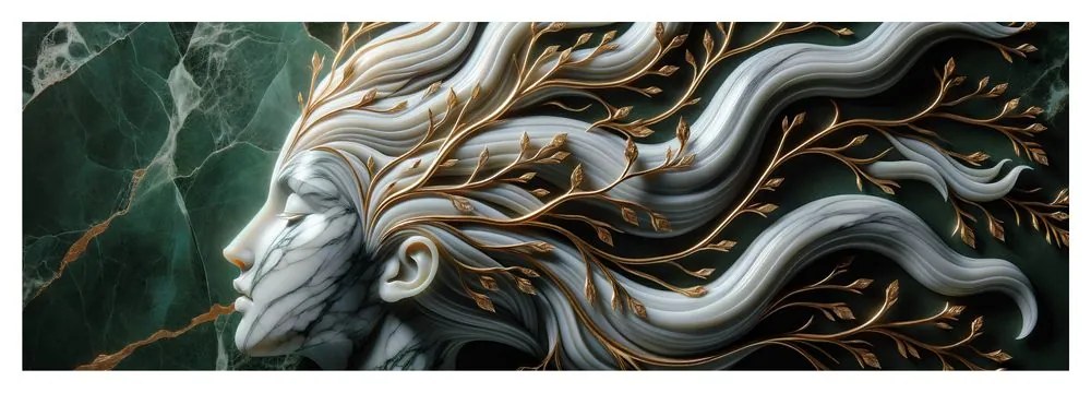 Quadro su tela – Donna unita alla natura con foglie dorate