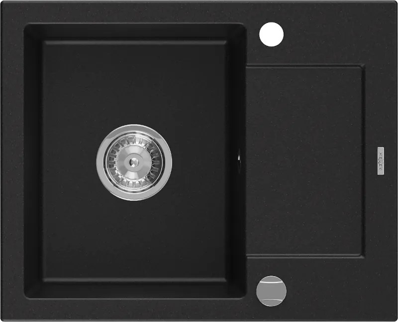 Mexen Enzo lavello in granito 1-vasca con sgocciolatoio 576 x 465 mm, nero, sifone cromato - 6506571005-77