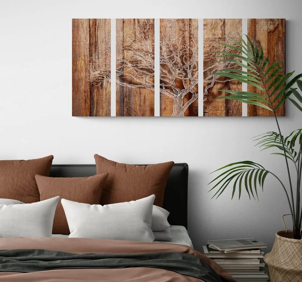 Quadri 5 pezzi – Albero su sfondo di legno