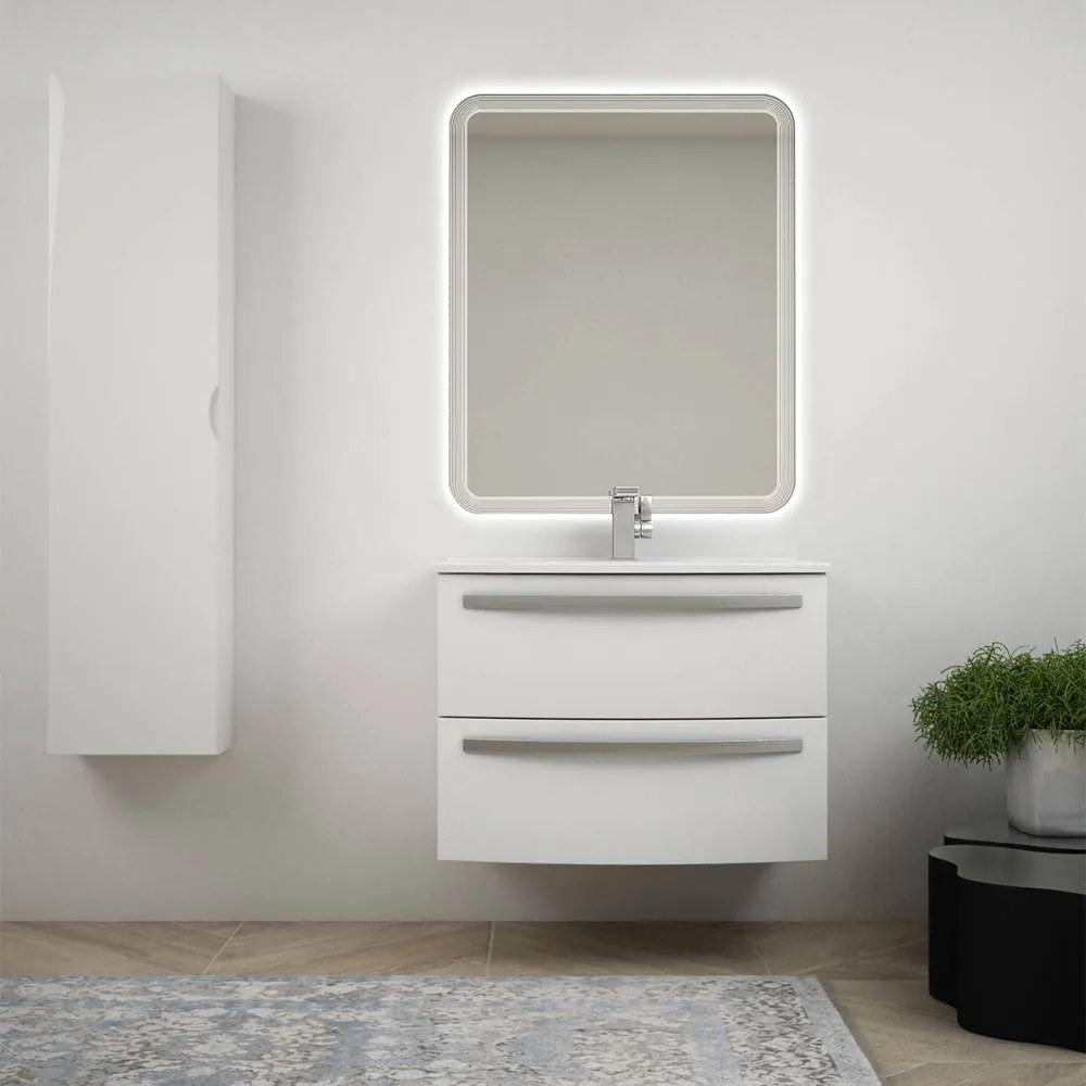 Mobile bagno sospeso curvo 75 cm bianco lucido in lavabo ceramica colonna 140 cm e specchio LED Mod. Berlino