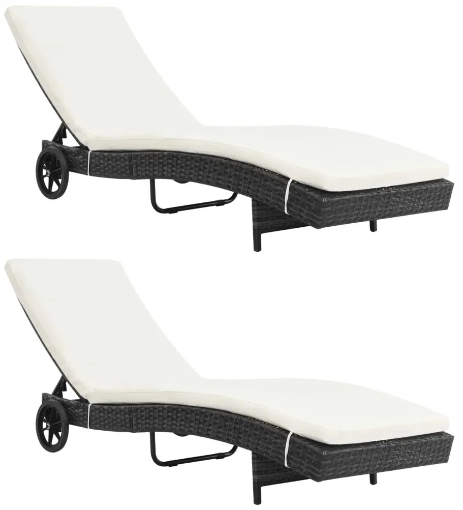 Lettini Prendisole 2 Pz Con Ruote Cuscini İn Polyrattan Nero /