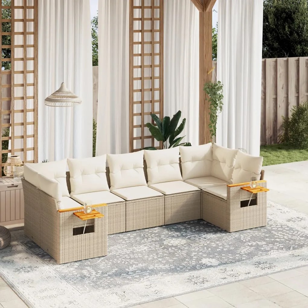 Set Divani da Giardino 7 pz con Cuscini Beige in Polyrattan