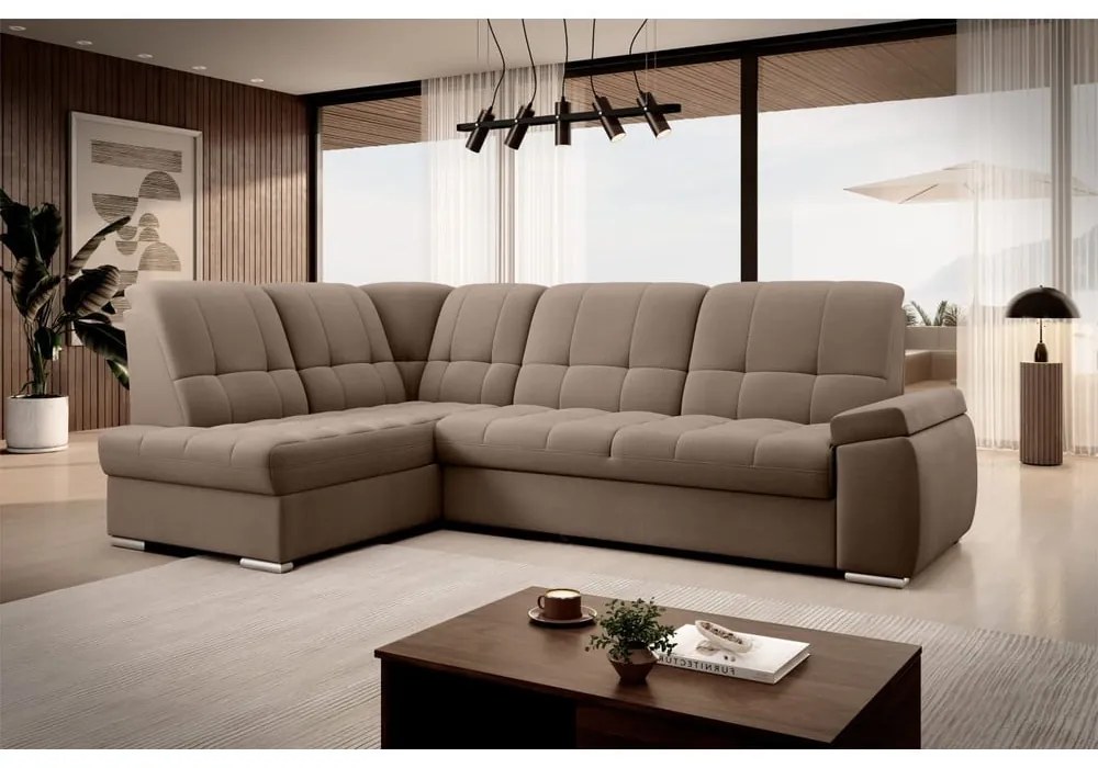 Divano angolare marrone allungabile/con contenitore (con penisola a sinistra/a L) e rivestimento in velluto Sado – ELTAP