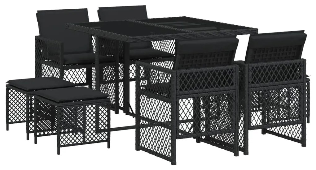 Set da pranzo da giardino 9 pz con cuscini nero in polyrattan