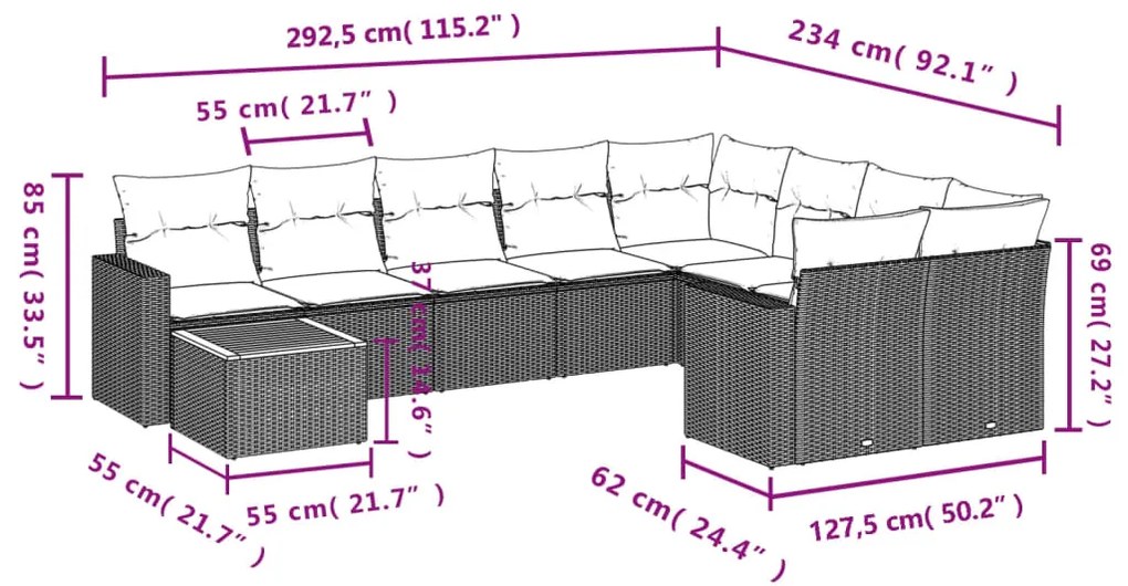 Set divano da giardino 10 pz con cuscini grigio in polyrattan