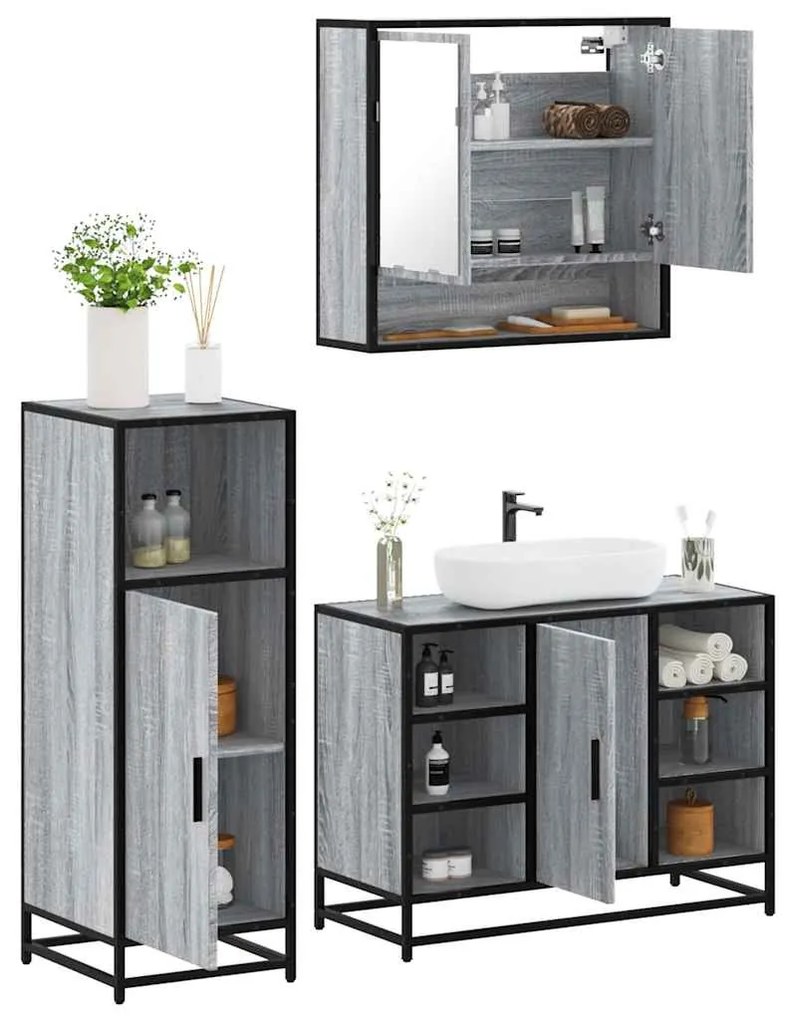 Set Mobili Da Bagno 3 Pz Grigio Sonoma İn Legno Multistrato /