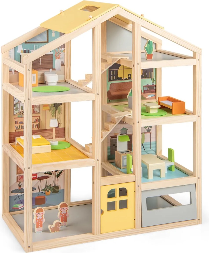 Costway Casa delle famiglie moderne con mobili e figure con garage e porta apribile, Casa delle bambole in legno per bambini Naturale