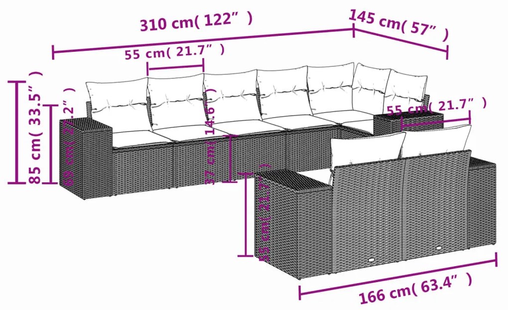 Set divano da giardino 8 pz con cuscini grigio in polyrattan