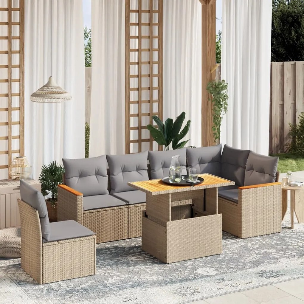 Set divani da giardino 7 pz con cuscini beige in polyrattan