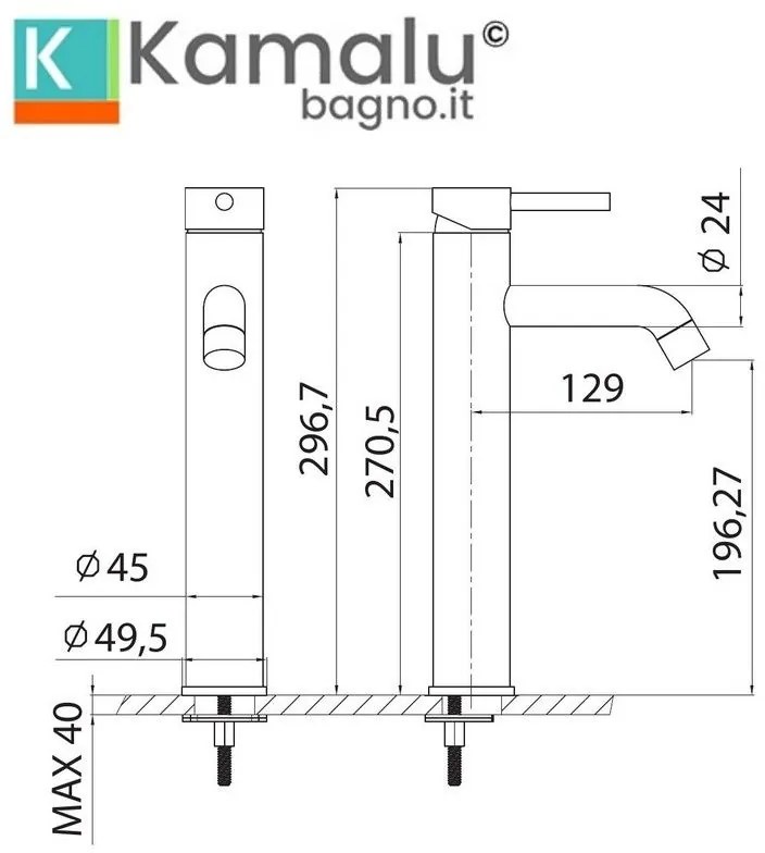 Kamalu - miscelatore lavabo alto linea curva in acciaio inox | kam-arte