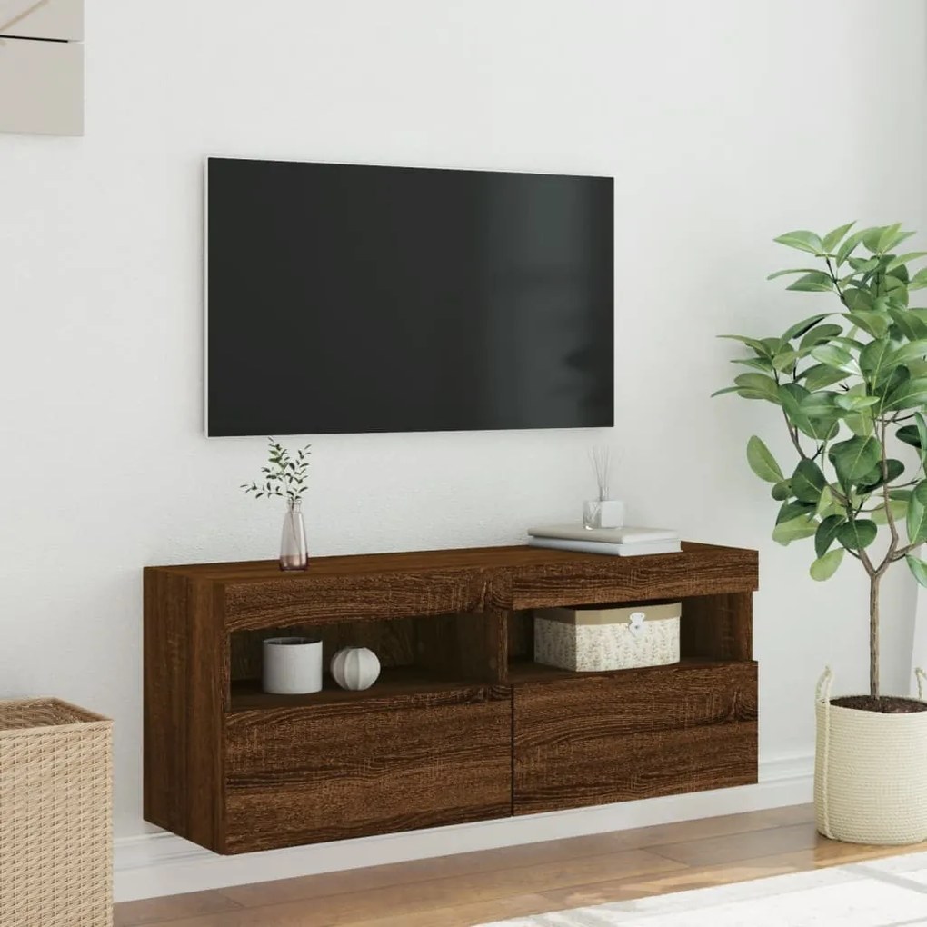 Mobile tv a parete con luci led rovere marrone 100x30x40 cm