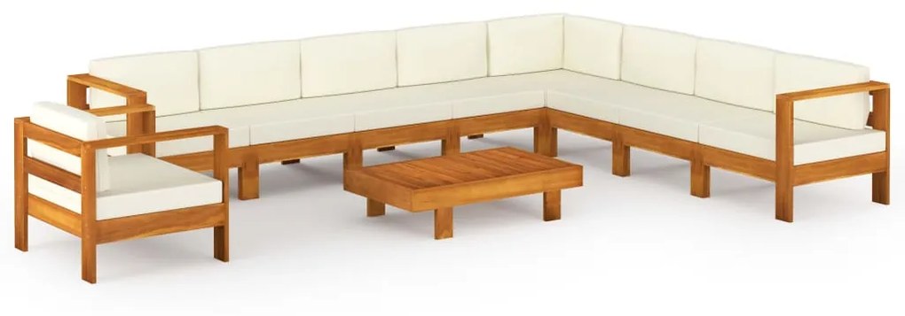 Set divani giardino 10 pz cuscini bianco crema legno d&#039;acacia