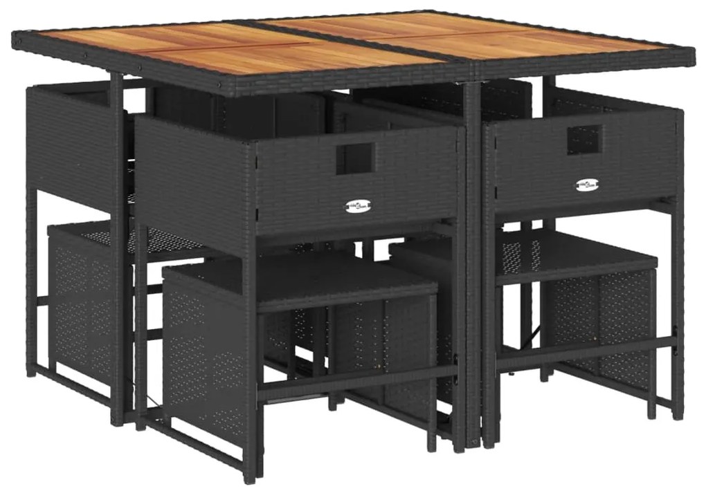 Set da pranzo da giardino 9 pz con cuscini nero in polyrattan