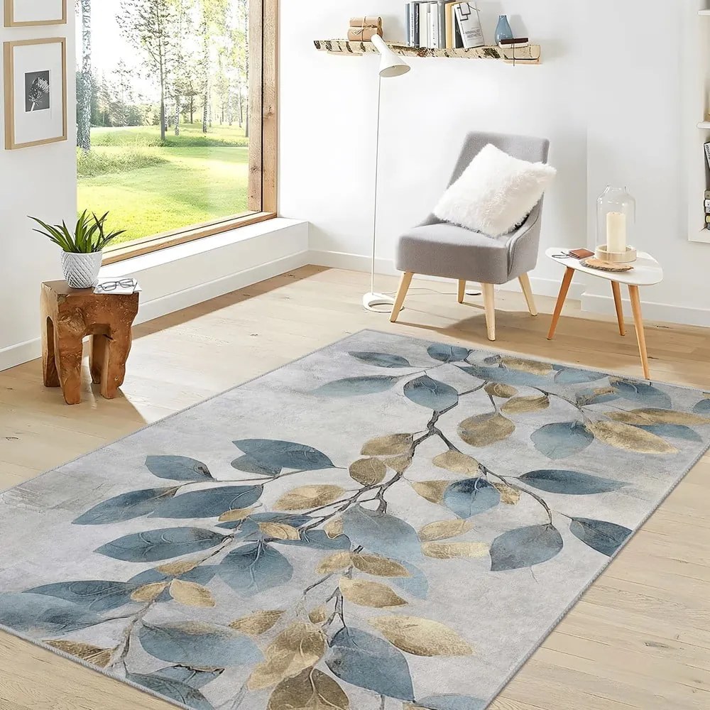Tappeto azzurro/dorato lavabile 80x150 cm Golden Leaves – Mila Home