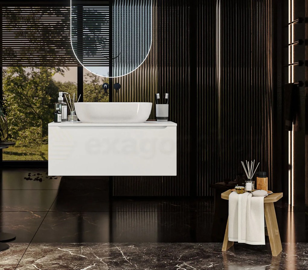 Mobile Bagno bianco opaco 90x50 Amalfi Un Cassetto e Lavabo da appoggio in ceramica