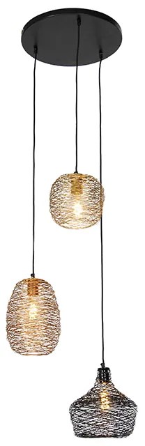 Lampada a sospensione nera oro e rame rotonda 3 luci - Sarella