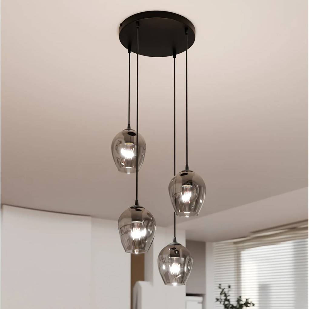 Lampadario 4 Luci Fuxi Base Tonda In Acciaio Nero E Vetri Fumè