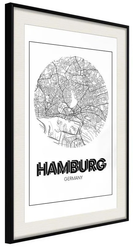 Poster  City Map: Hamburg (Round)  Cornice Quadri Cornice nera con pass-partout, Larghezza x Altezza Home decor 20x30