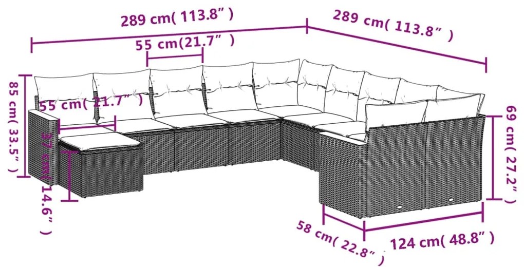 Set Divani da Giardino 11 pz con Cuscini in Polyrattan Nero