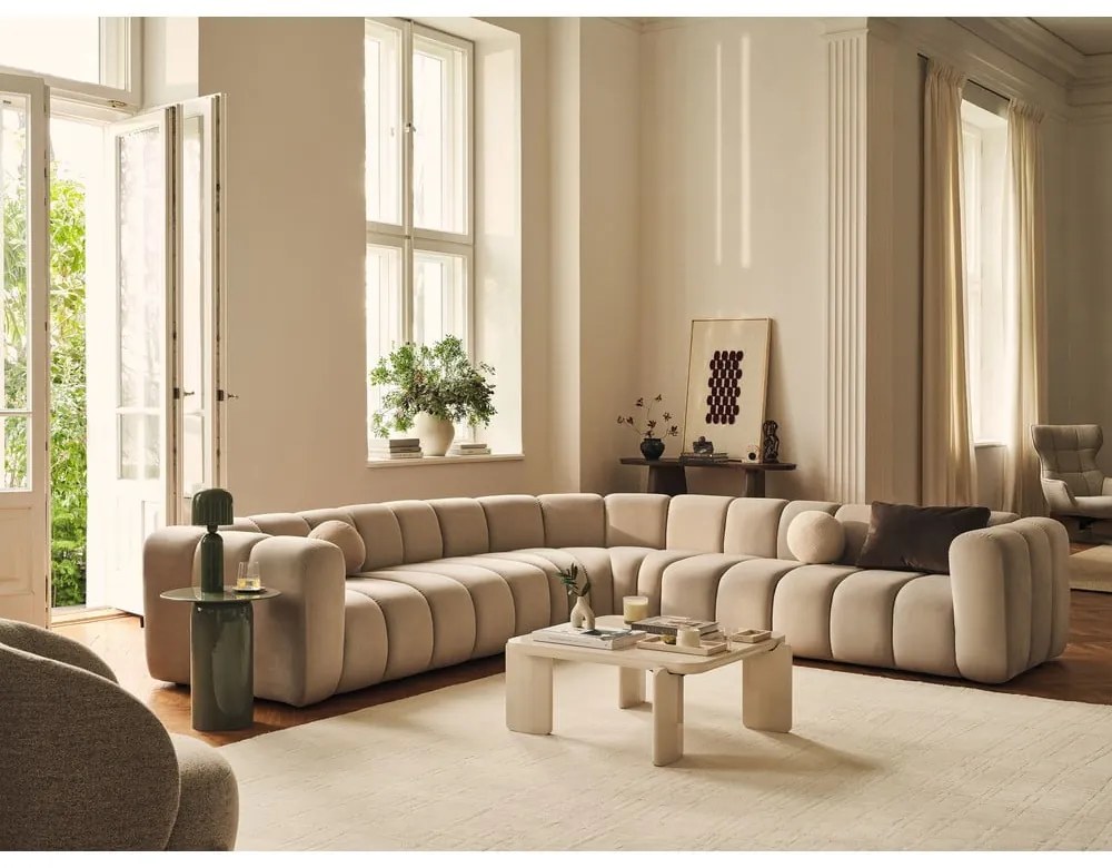 Divano angolare componibile grigio chiaro con rivestimento in ciniglia Lupine – Micadoni