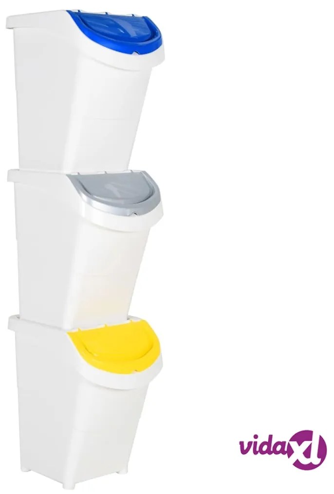 vidaXL Cestini per Rifiuti Impilabili con Coperchi 3pz Bianchi PP 120L