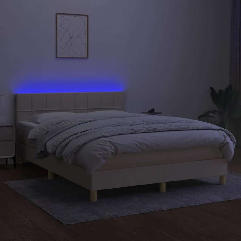 Letto a molle con materasso e led crema 140x190 cm in tessuto
