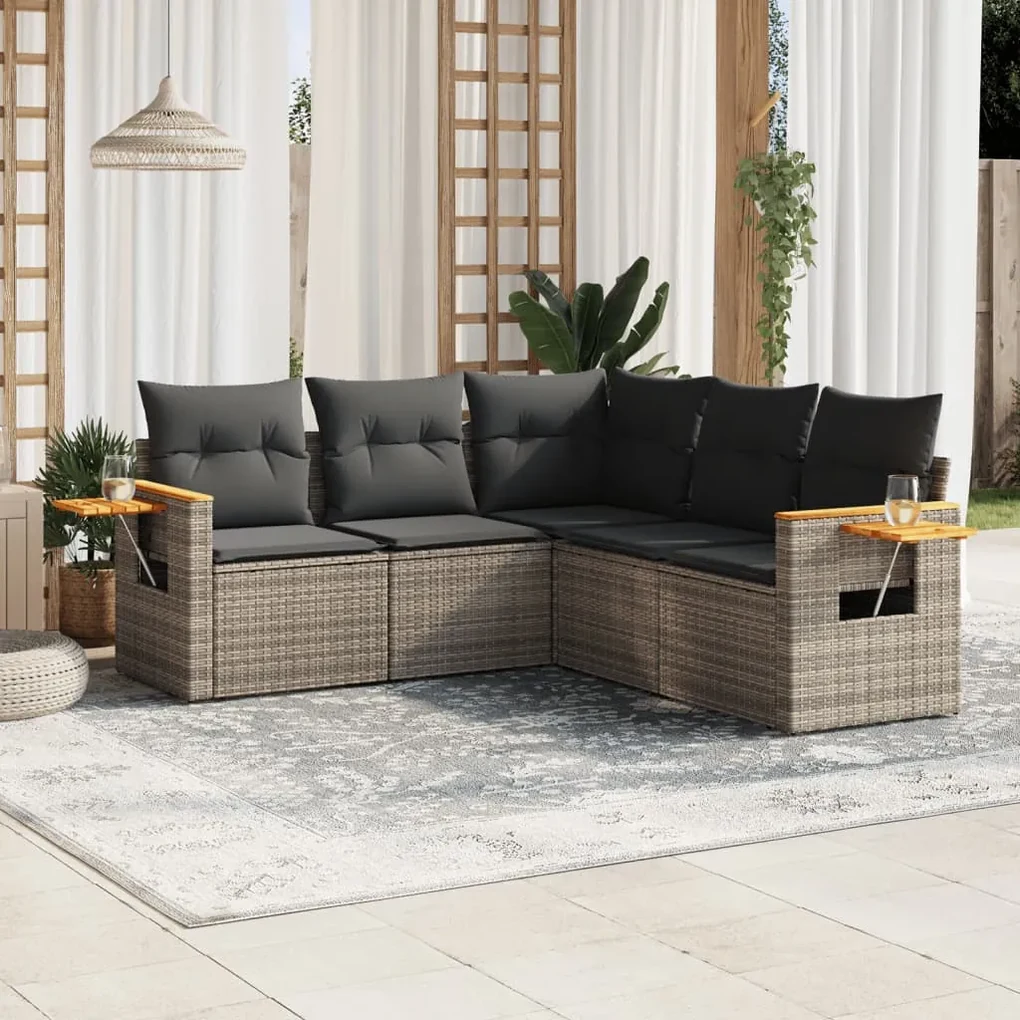 Set divano da giardino 5 pz con cuscini grigio in polyrattan
