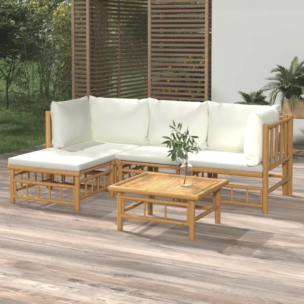 Set salotto da giardino 5pz con cuscini bianco crema in bambù