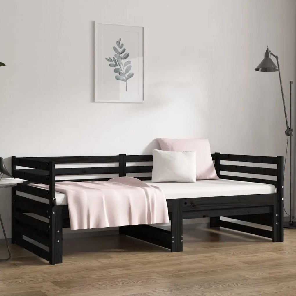 Dormeuse estraibile nera 2x(80x200) cm legno massello di pino