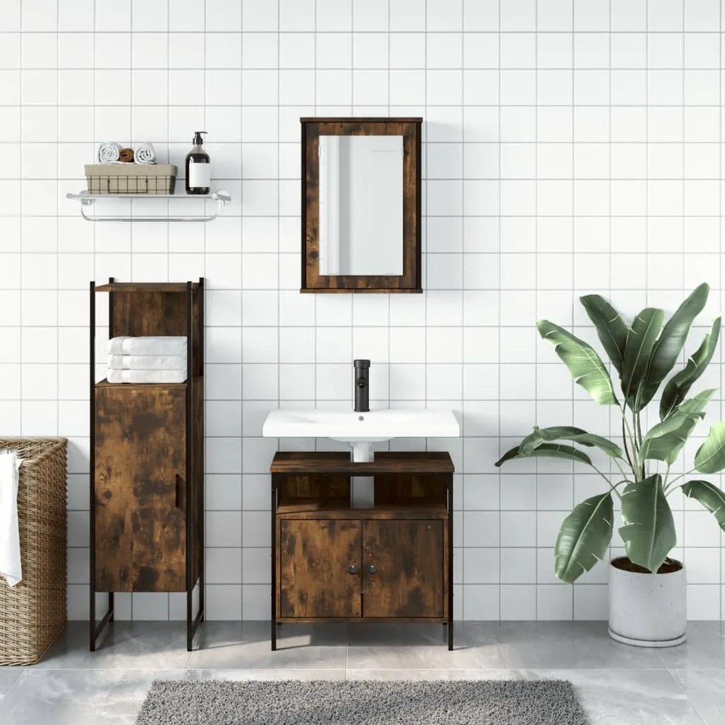 Set mobili da bagno 3 pz rovere fumo in legno multistrato