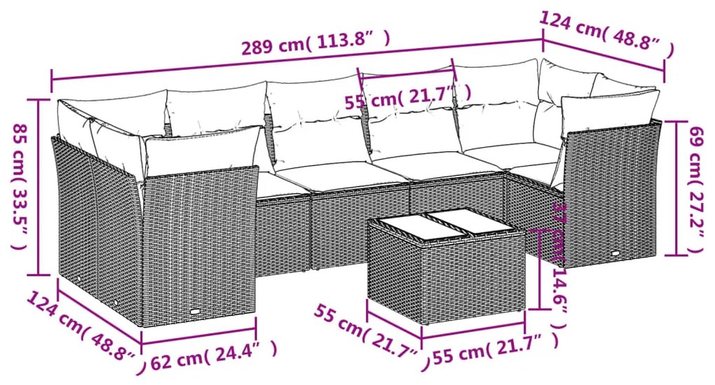 Set divani da giardino con cuscini 8 pz nero in polyrattan