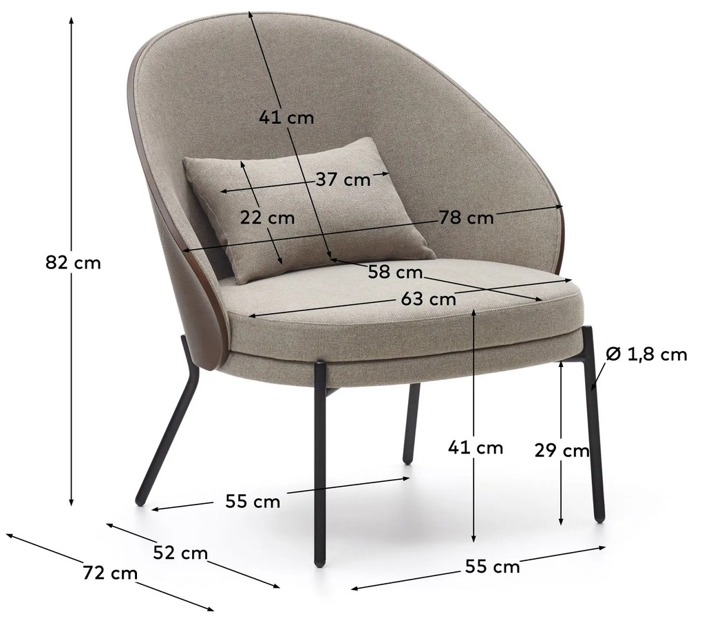 Kave Home - Poltrona Eamy marrone chiaro impiallacciato frassino finitura wengÃ© e metallo nero