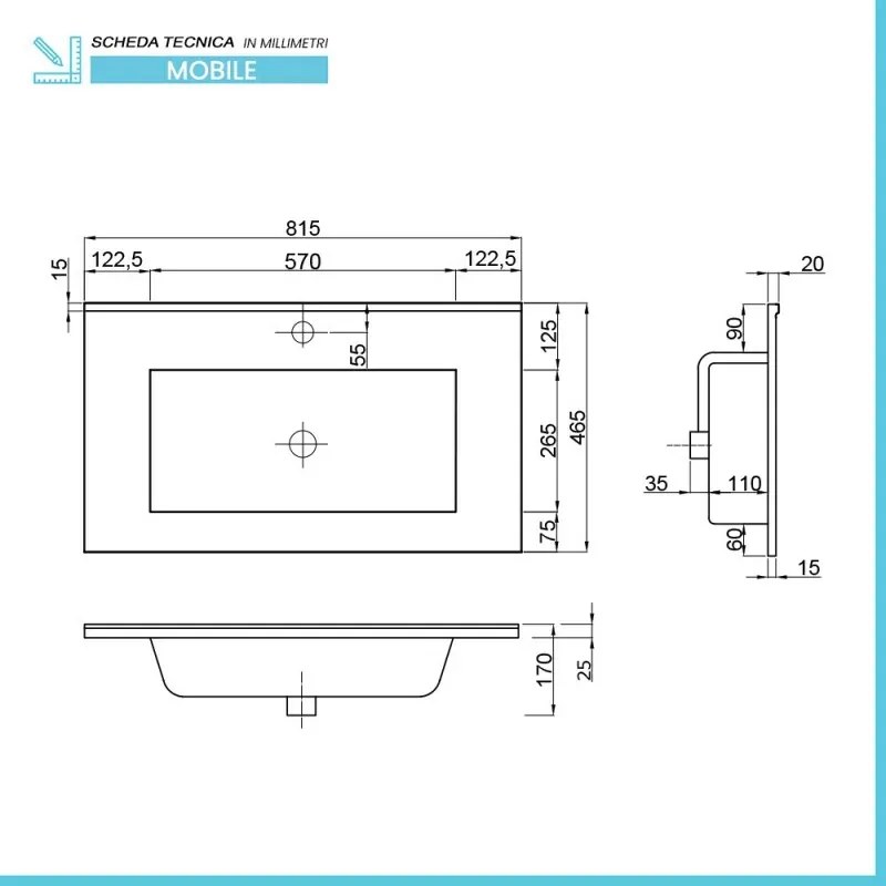 Mobile bagno sospeso 80 rovere fumo e blu pastello con lavabo e specchio Iris