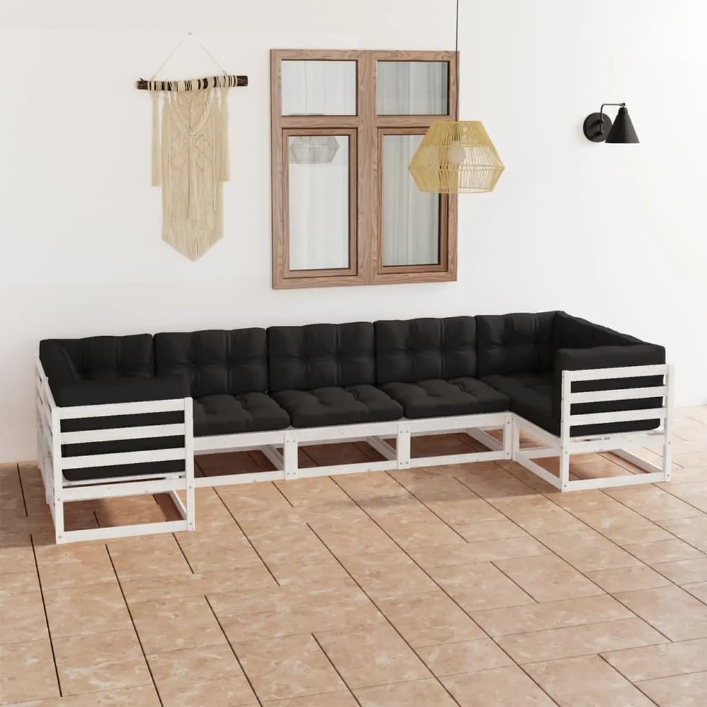 Set Salotto Giardino 7pz con Cuscini Bianco Legno Massello Pino