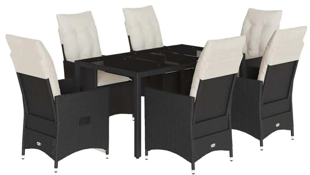 Set da pranzo da giardino 7 pz nero con cuscini in polyrattan