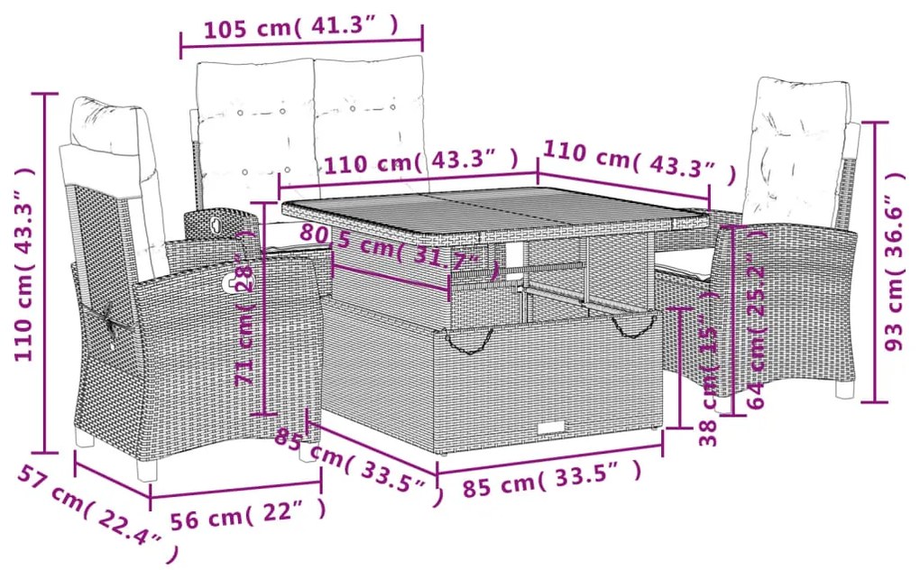 Set da Pranzo da Giardino 4 pz con Cuscini Nero in Polyrattan