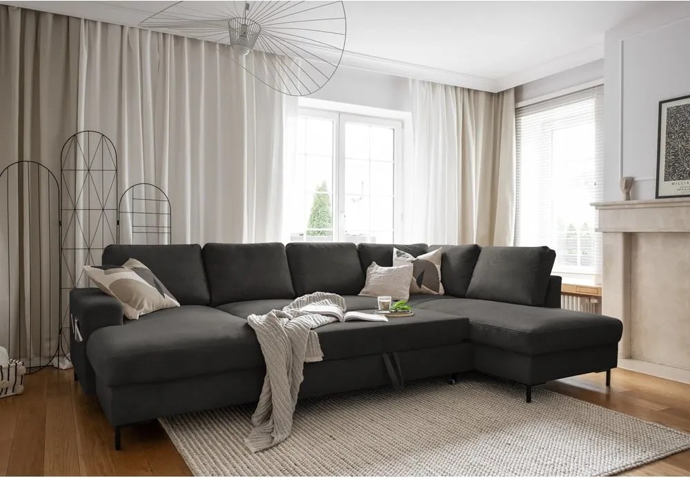 Divano letto angolare in velluto a coste grigio scuro (angolo destro) Lofty Lilly - Miuform