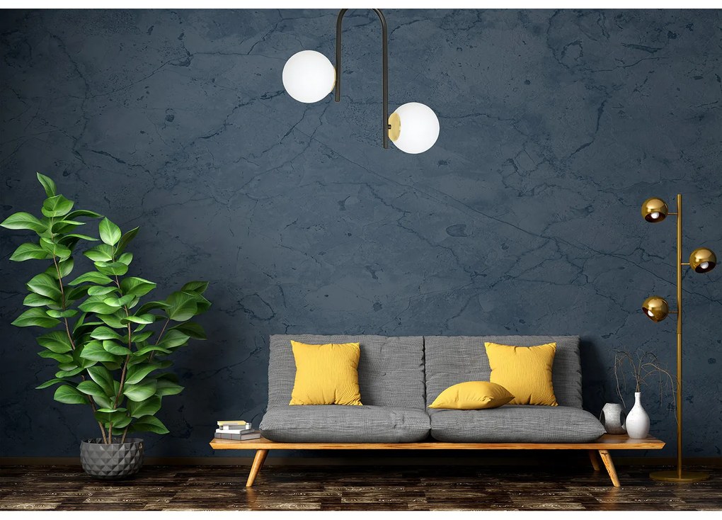 Lampadario 2 Luci Kalf In Acciaio Nero A Bracci E Sfere In Vetro Opalino E Oro