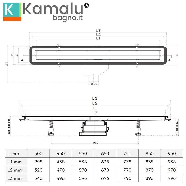 Kamalu - canalina scarico doccia 55cm con coperchio in vetro nero cn-550