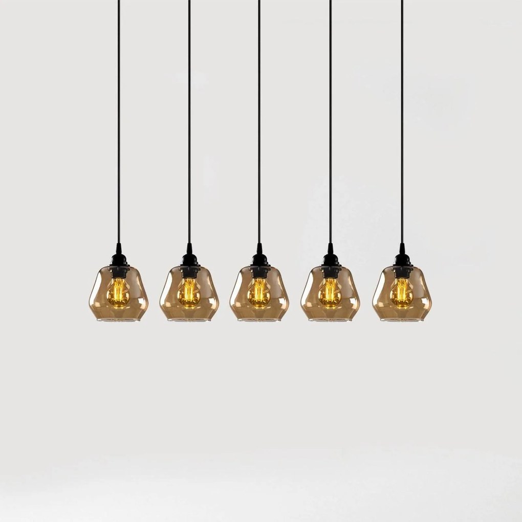 Opviq Lampada a sospensione Gold 033, vetro trasparente dorato, a 5 luci lineari